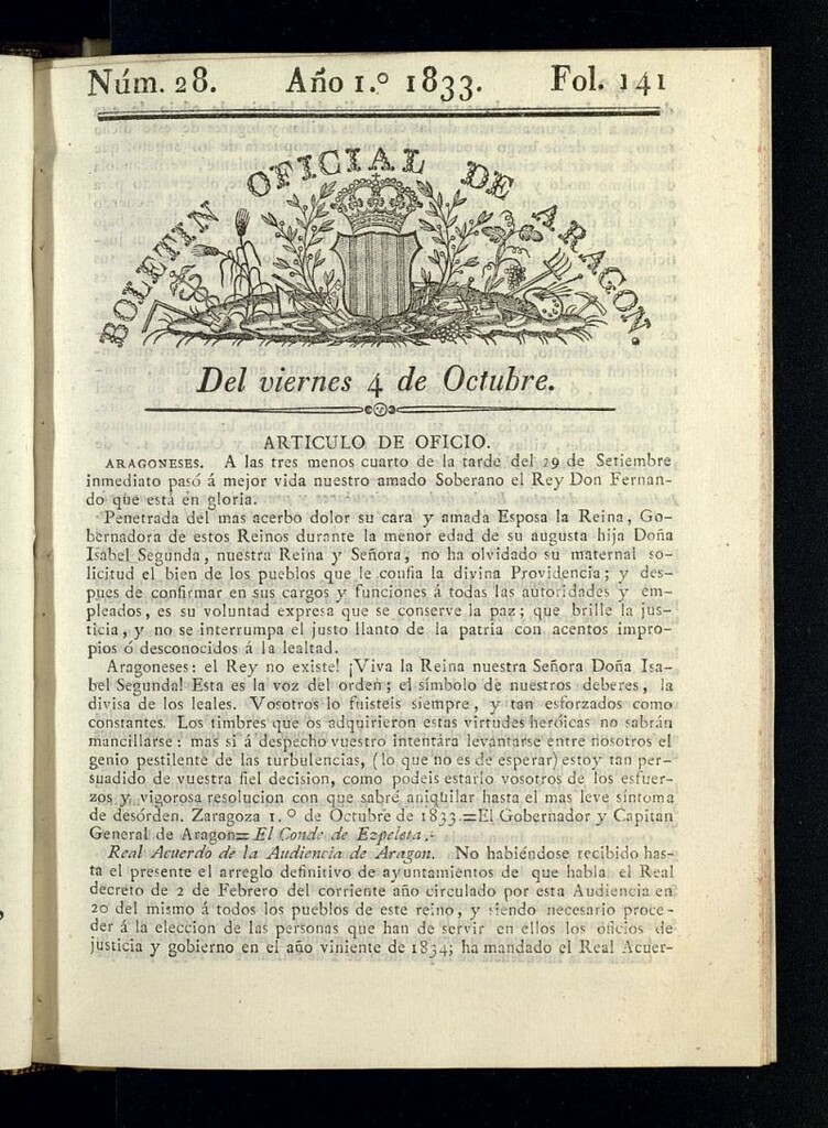 Miniatura de Boletín Oficial de Aragón del 4 de octubre de 1833, nº 28