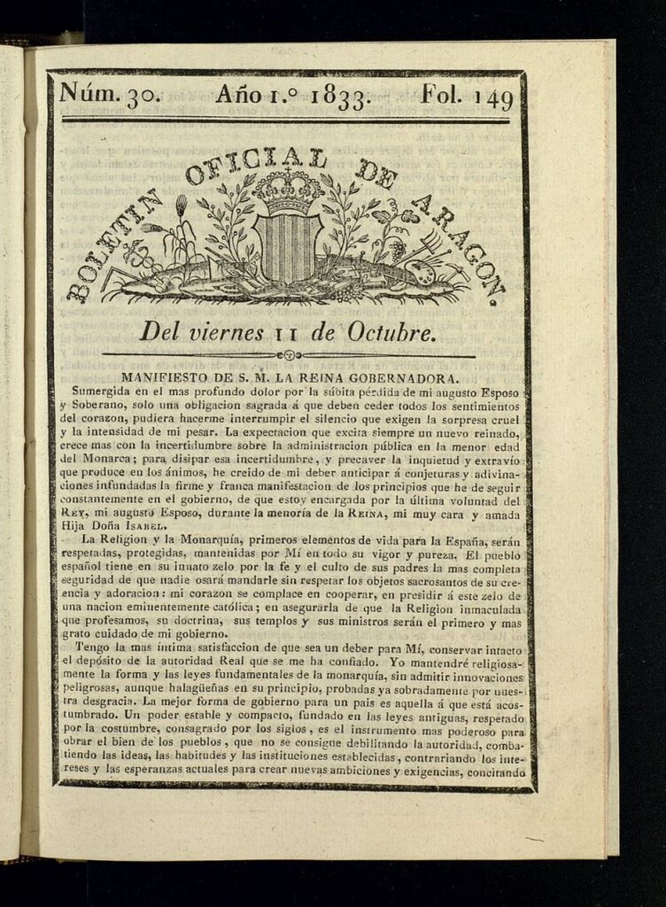 Miniatura de Boletín Oficial de Aragón del 11 de octubre de 1833, nº 30