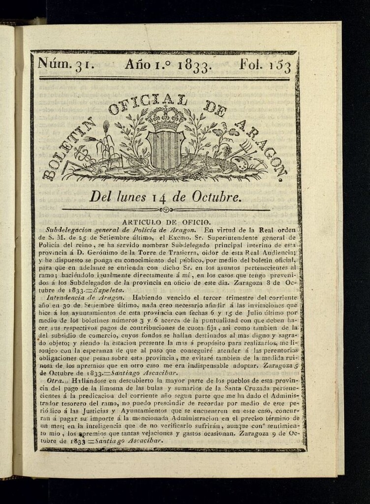 Miniatura de Boletín Oficial de Aragón del 14 de octubre de 1833, nº 31