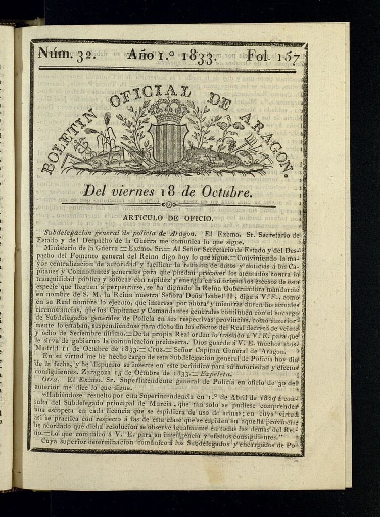 Miniatura de Boletín Oficial de Aragón del 18 de octubre de 1833, nº 32