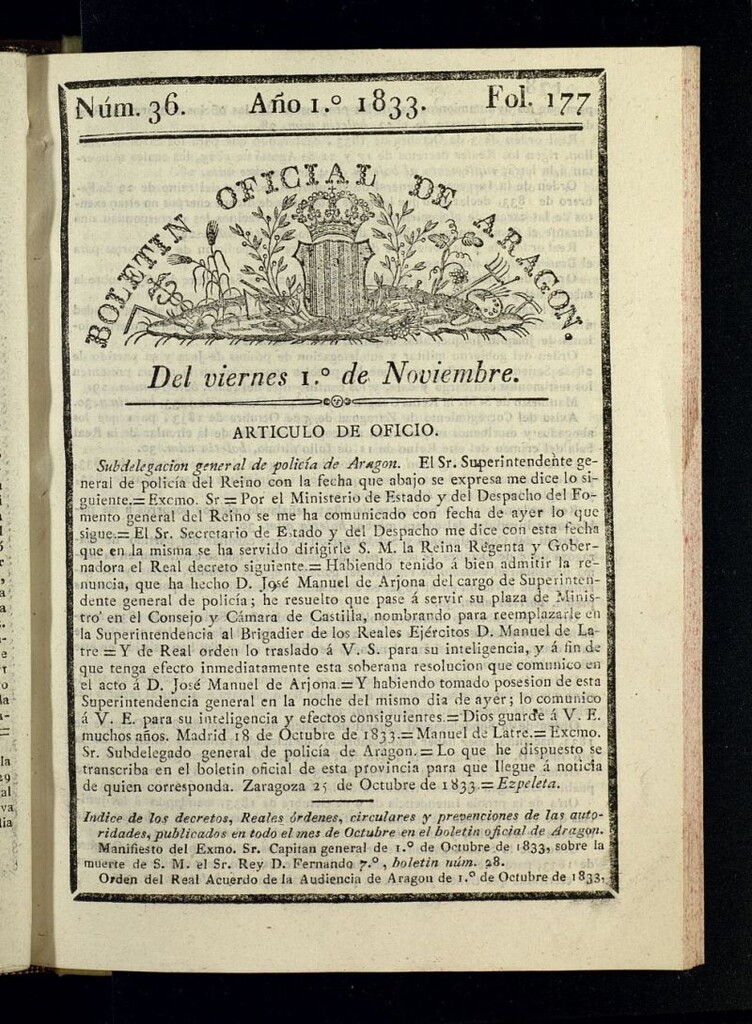 Miniatura de Boletín Oficial de Aragón del 1 de noviembre de 1833, nº 36