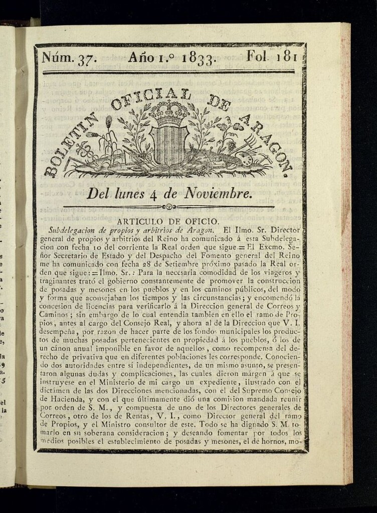 Miniatura de Boletín Oficial de Aragón del 4 de noviembre de 1833, nº 37