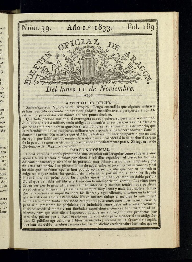 Miniatura de Boletín Oficial de Aragón del 11 de noviembre de 1833, nº 39