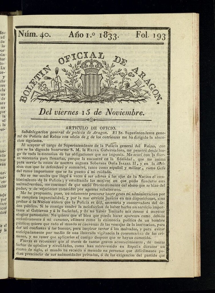 Miniatura de Boletín Oficial de Aragón del 15 de noviembre de 1833, nº 40