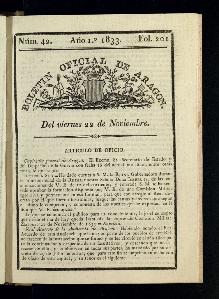 Miniatura de Boletín Oficial de Aragón del 22 de noviembre de 1833, nº 42