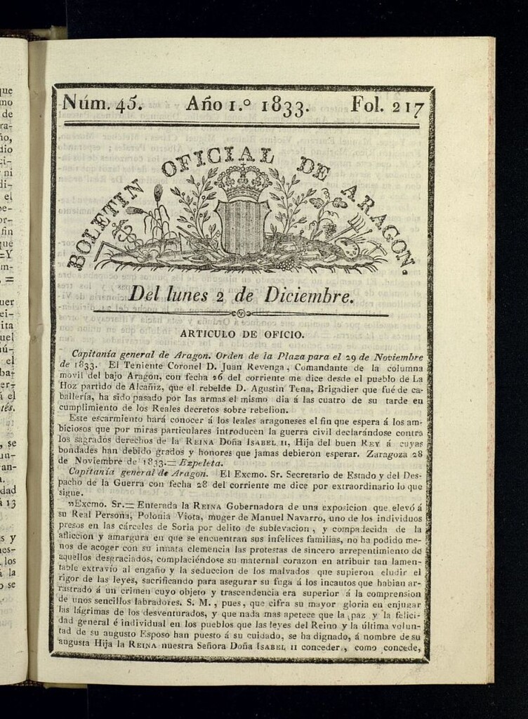 Miniatura de Boletín Oficial de Aragón del 2 de diciembre de 1833, nº 45