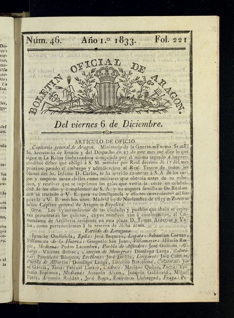 Miniatura de Boletín Oficial de Aragón del 6 de diciembre de 1833, nº 46