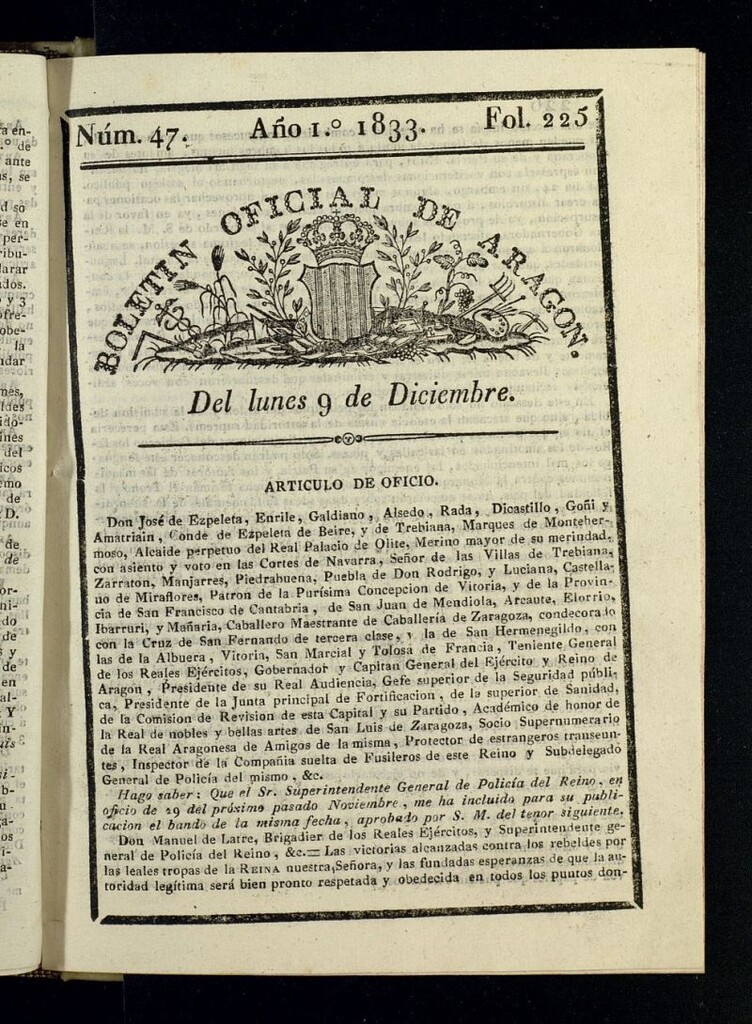 Miniatura de Boletín Oficial de Aragón del 9 de diciembre de 1833, nº 47