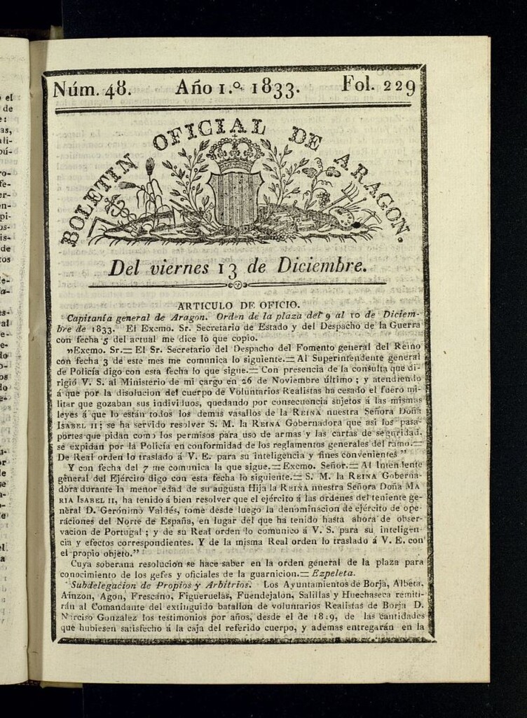 Miniatura de Boletín Oficial de Aragón del 13 de diciembre de 1833, nº 48