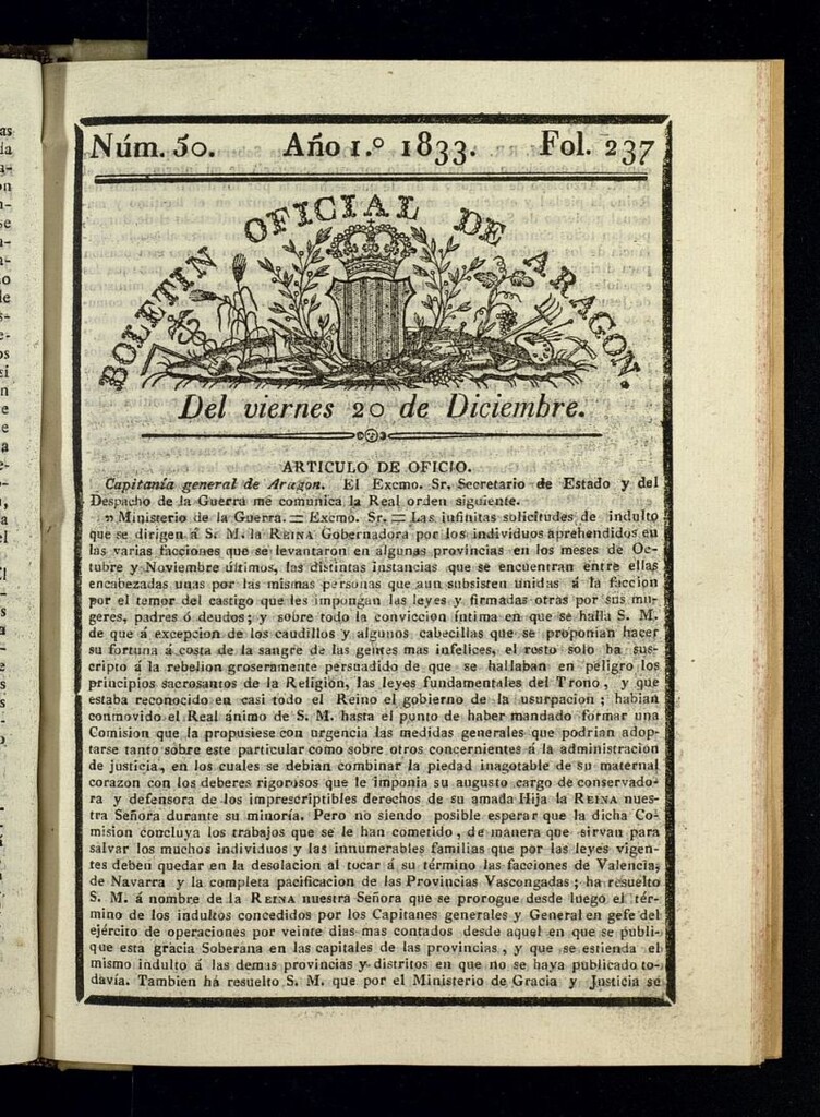 Miniatura de Boletín Oficial de Aragón del 20 de diciembre de 1833, nº 50