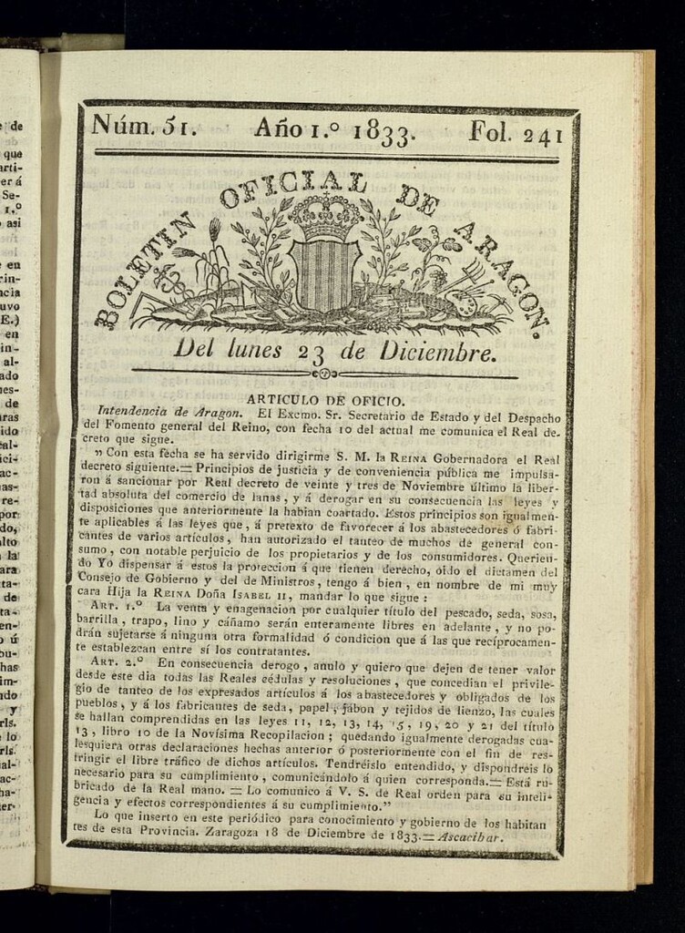 Miniatura de Boletín Oficial de Aragón del 23 de diciembre de 1833, nº 51