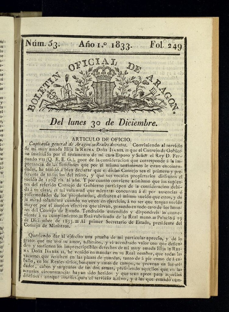 Miniatura de Boletín Oficial de Aragón del 30 de diciembre de 1833, nº 53