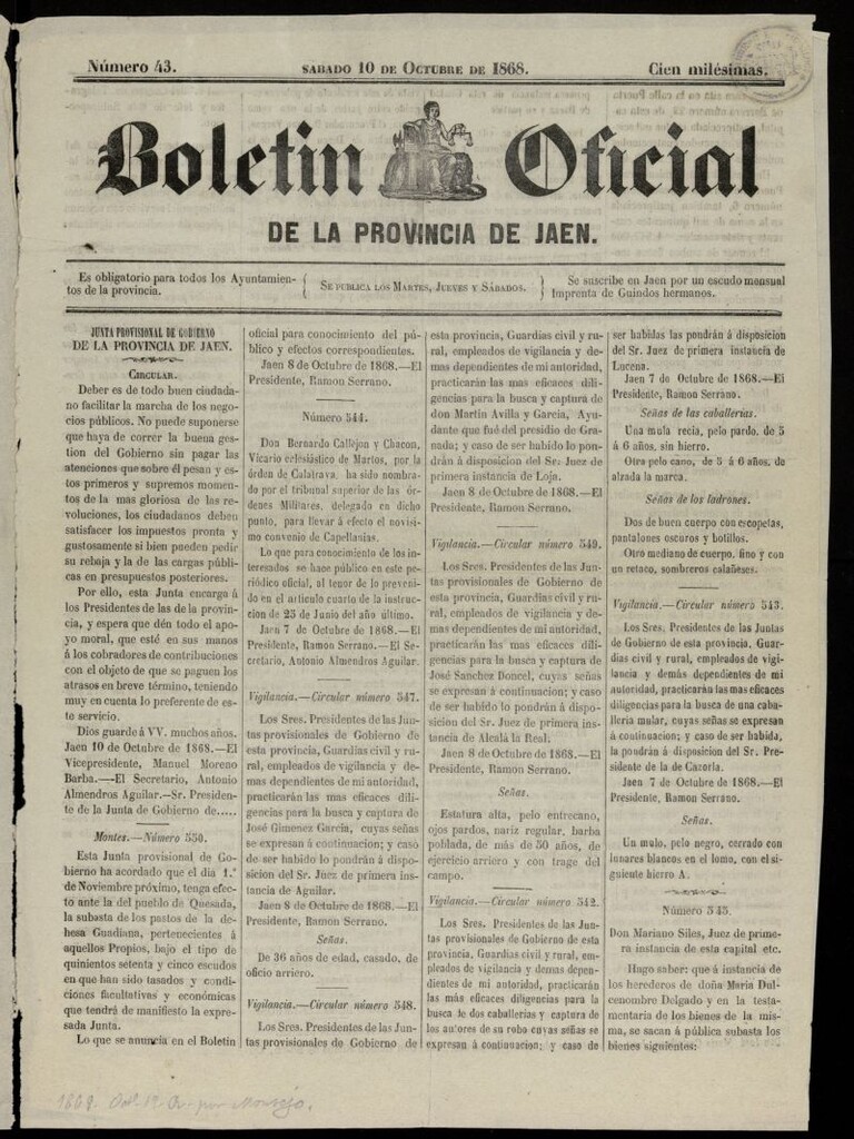 Miniatura de Boletín Oficial de la Provincia de Jaén del 10 de octubre de 1868, nº 43