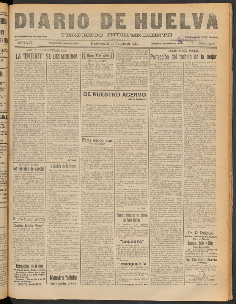 Miniatura de Diario de Huelva : periódico independiente del 26 de agosto de 1923