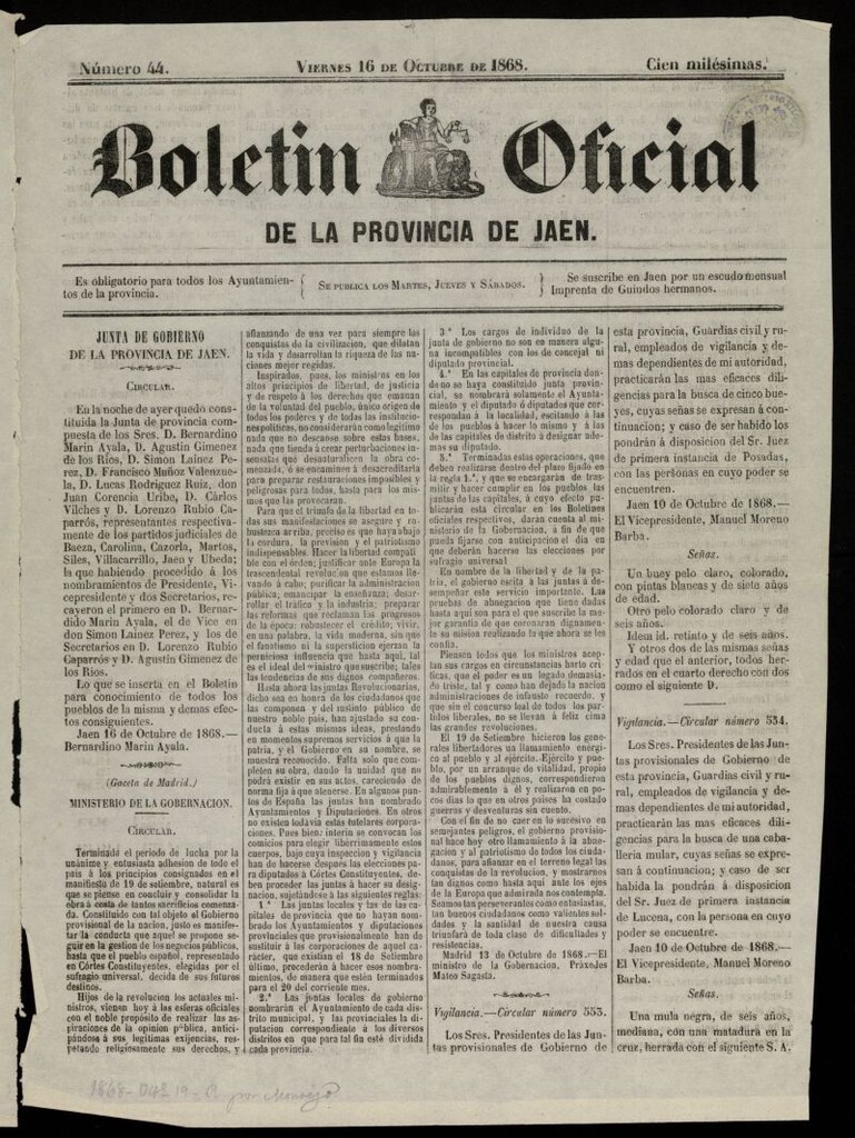 Miniatura de Boletín Oficial de la Provincia de Jaén del 16 de octubre de 1868, nº 44