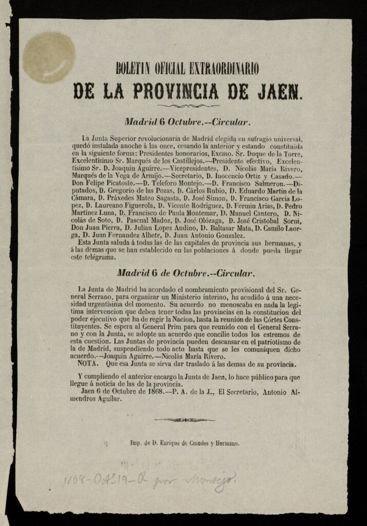 Miniatura de Boletín Oficial de la Provincia de Jaén del 6 de octubre de 1868, nº extraordinario