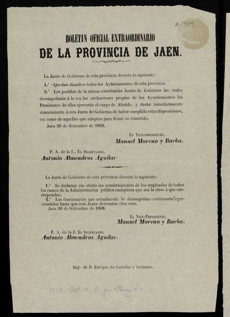Miniatura de Boletín Oficial de la Provincia de Jaén del 30 de septiembre de 1868, nº extraordinario