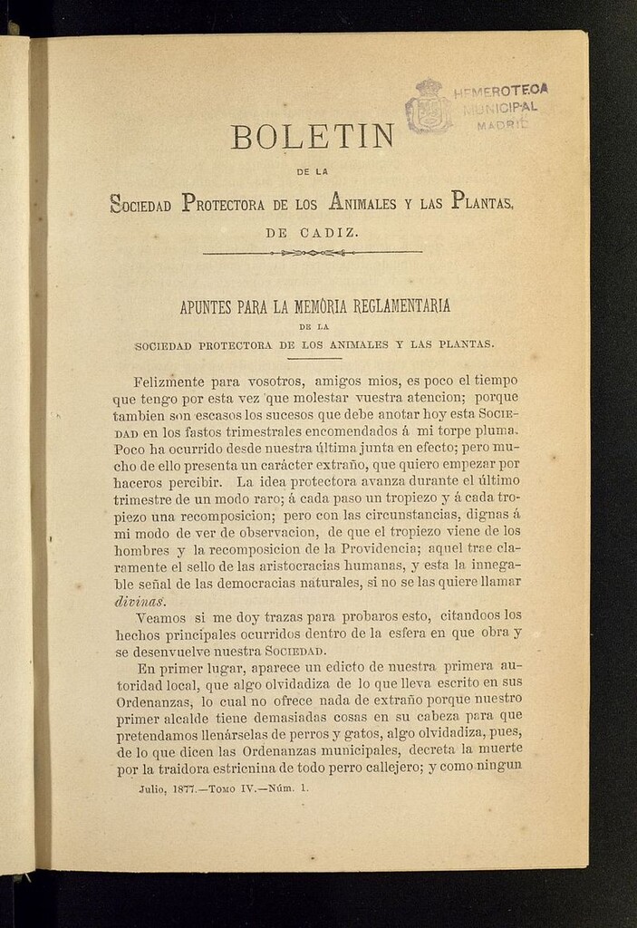 Miniatura de Boletín de la Sociedad Protectora de los Animales y las plantas de Cádiz de julio de 1877, nº 1