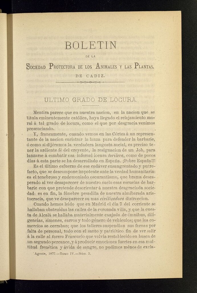 Miniatura de Boletín de la Sociedad Protectora de los Animales y las plantas de Cádiz de agosto de 1877, nº 2