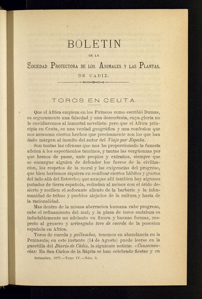 Miniatura de Boletín de la Sociedad Protectora de los Animales y las plantas de Cádiz de septiembre de 1877, nº 3