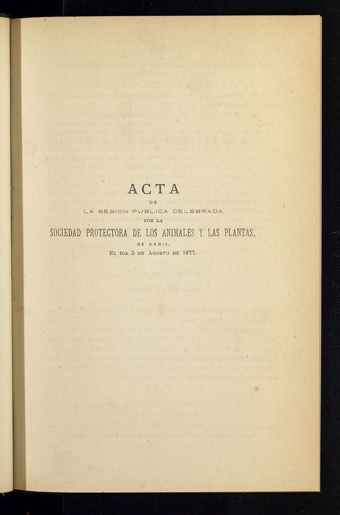 Miniatura de Boletín de la Sociedad Protectora de los Animales y las plantas de Cádiz del 5 de agosto de 1877, acta