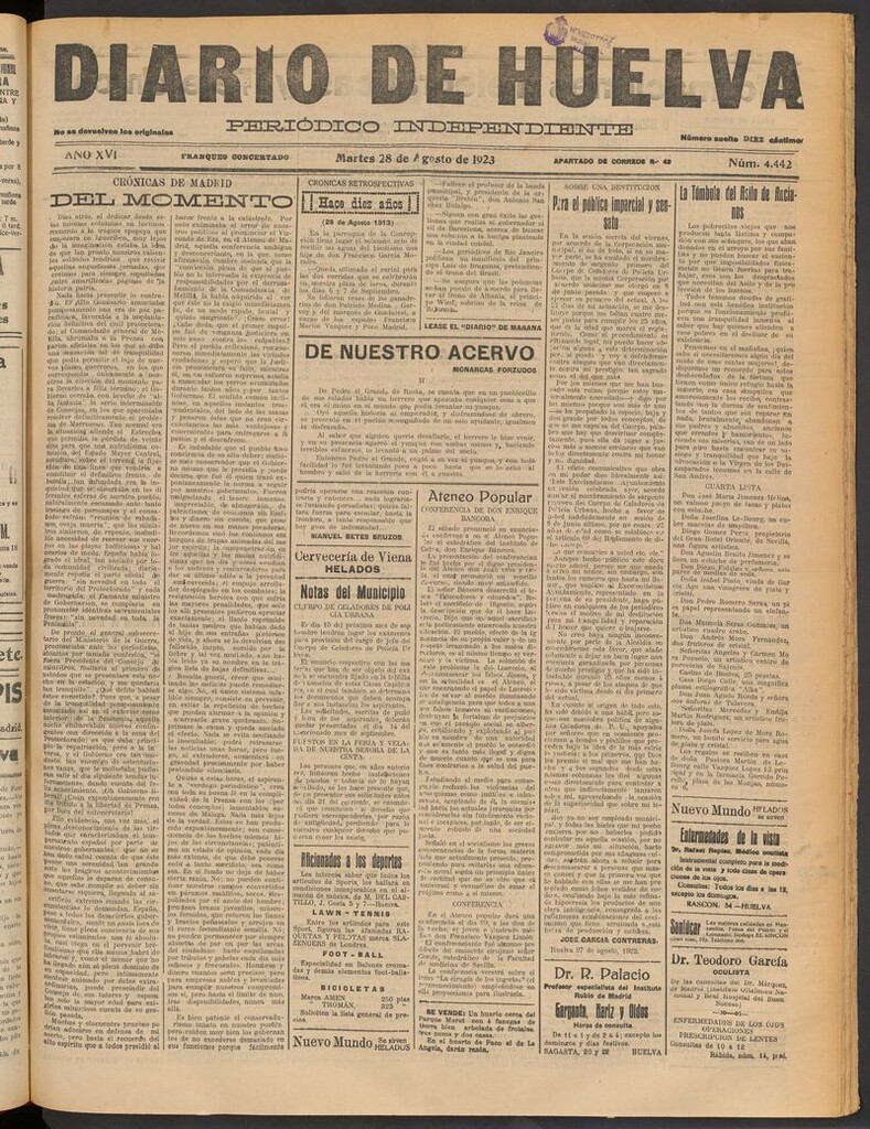 Miniatura de Diario de Huelva : periódico independiente del 28 de agosto de 1923