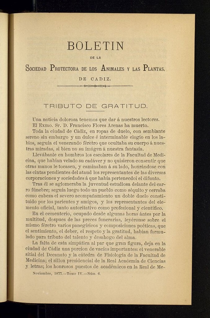 Miniatura de Boletín de la Sociedad Protectora de los Animales y las plantas de Cádiz de noviembre de 1877, nº 6