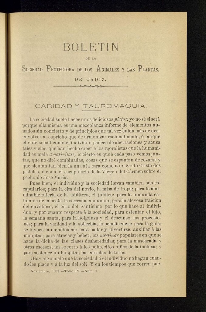 Miniatura de Boletín de la Sociedad Protectora de los Animales y las plantas de Cádiz de noviembre de 1877, nº 7