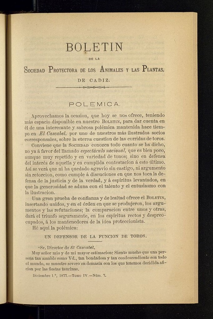 Miniatura de Boletín de la Sociedad Protectora de los Animales y las plantas de Cádiz del 1 de diciembre de 1877, nº 7