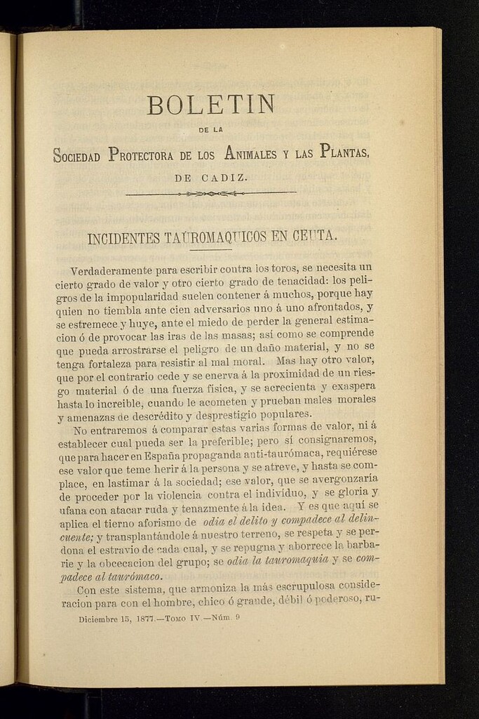 Miniatura de Boletín de la Sociedad Protectora de los Animales y las plantas de Cádiz del 15 de diciembre de 1877, nº 9