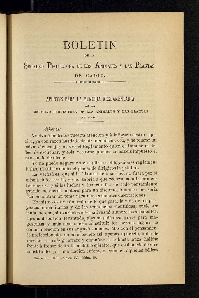 Miniatura de Boletín de la Sociedad Protectora de los Animales y las plantas de Cádiz del 1 de enero de 1878, nº 10