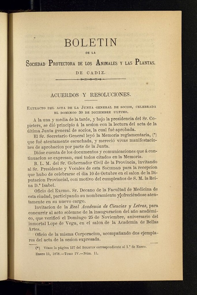 Miniatura de Boletín de la Sociedad Protectora de los Animales y las plantas de Cádiz del 15 de enero de 1878, nº 11