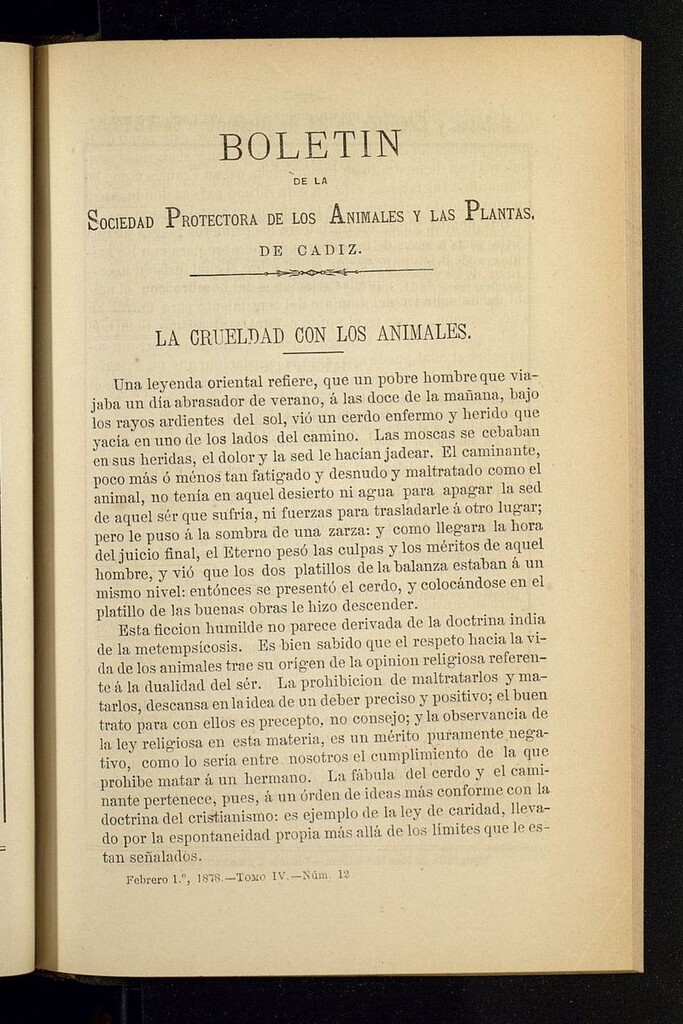 Miniatura de Boletín de la Sociedad Protectora de los Animales y las plantas de Cádiz del 1 de febrero de 1878, nº 12