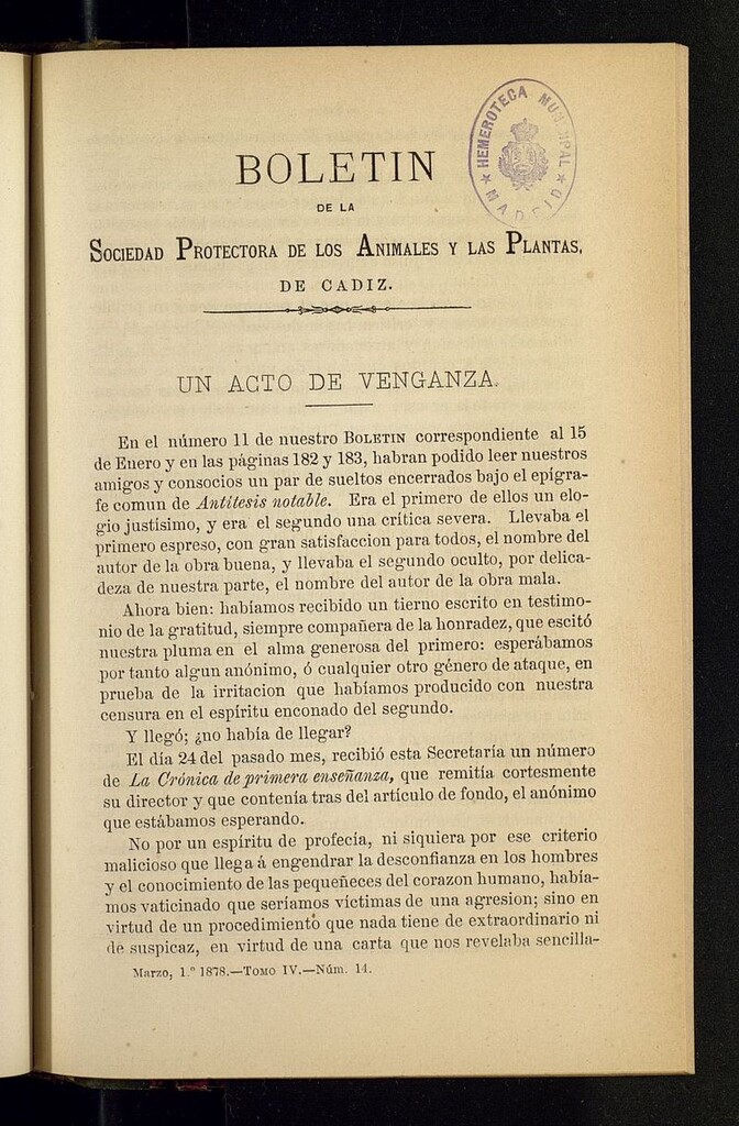 Miniatura de Boletín de la Sociedad Protectora de los Animales y las plantas de Cádiz del 1 de marzo de 1878, nº 14