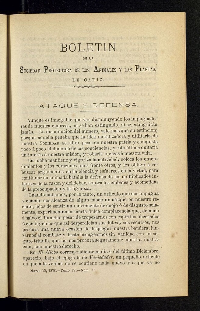 Miniatura de Boletín de la Sociedad Protectora de los Animales y las plantas de Cádiz del 15 de marzo de 1878, nº 15