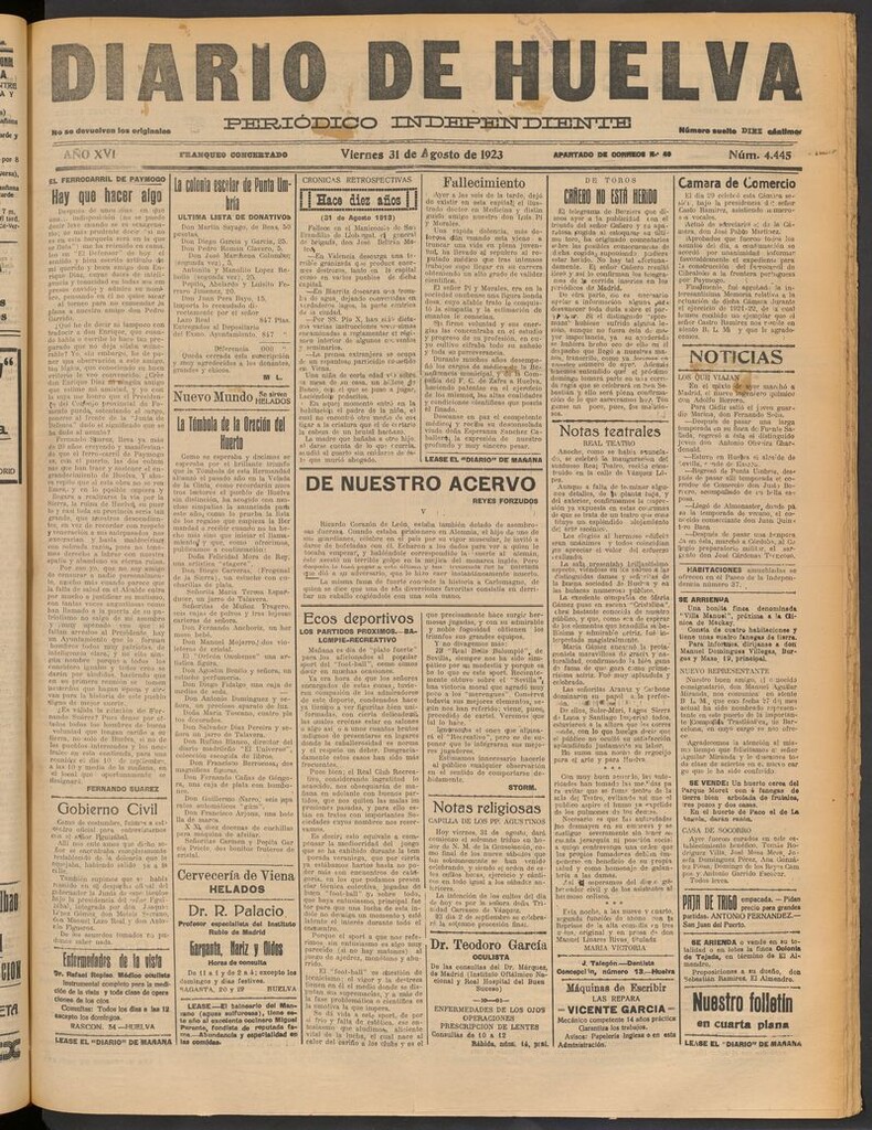 Miniatura de Diario de Huelva : periódico independiente del 31 de agosto de 1923