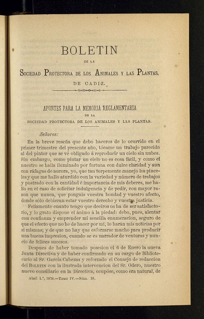 Miniatura de Boletín de la Sociedad Protectora de los Animales y las plantas de Cádiz del 1 de abril de 1878, nº 16