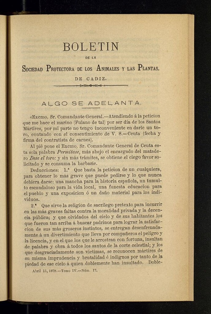 Miniatura de Boletín de la Sociedad Protectora de los Animales y las plantas de Cádiz del 15 de abril de 1878, nº 17