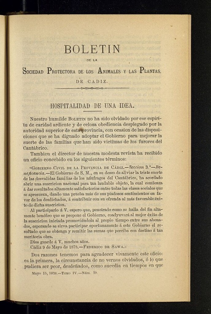 Miniatura de Boletín de la Sociedad Protectora de los Animales y las plantas de Cádiz del 15 de mayo de 1878, nº 19
