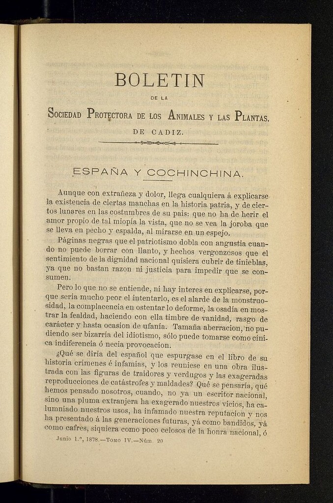 Miniatura de Boletín de la Sociedad Protectora de los Animales y las plantas de Cádiz del 1 de junio de 1878, nº 20