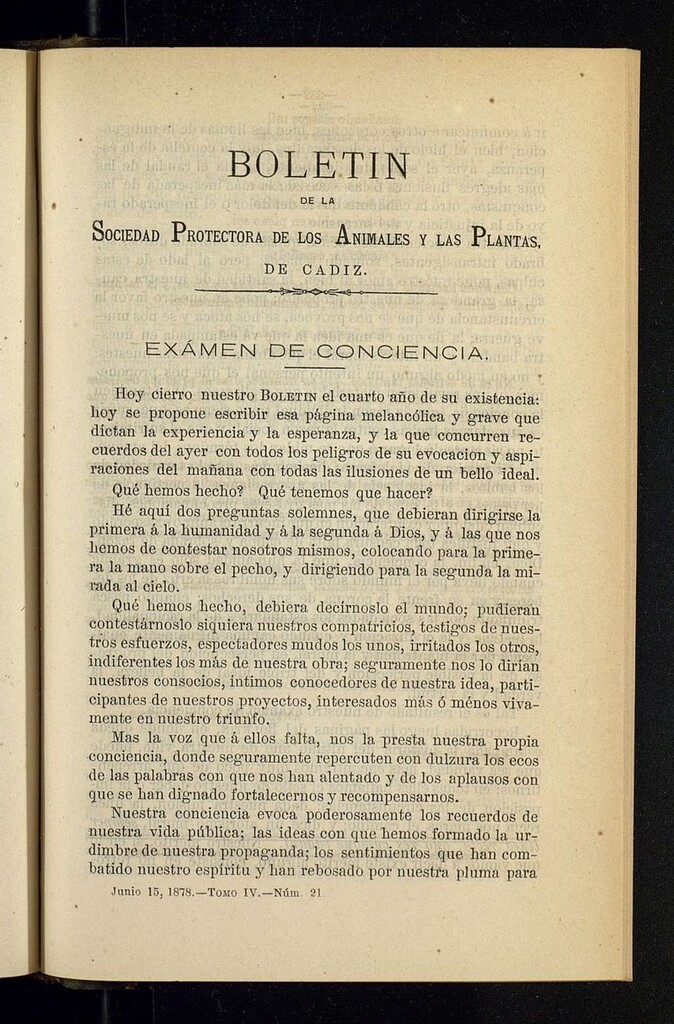 Miniatura de Boletín de la Sociedad Protectora de los Animales y las plantas de Cádiz del 15 de junio de 1878, nº 21