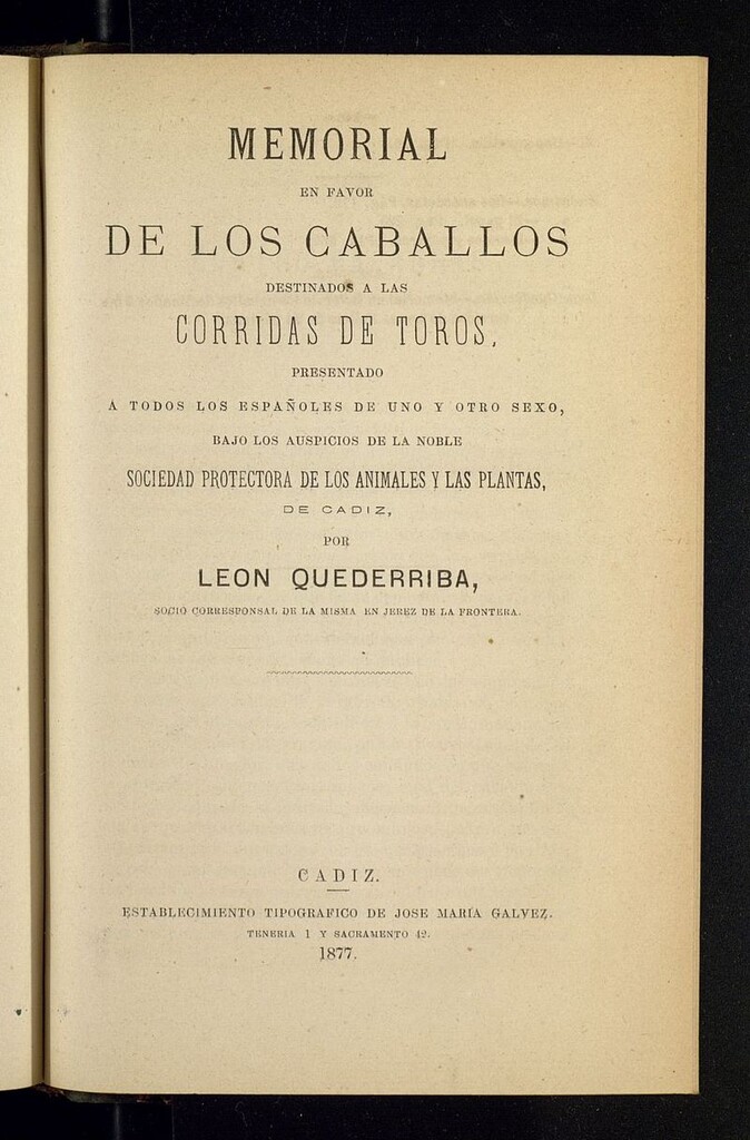 Miniatura de Boletín de la Sociedad Protectora de los Animales y las plantas de Cádiz de 1877, memorial en favor de los caballos