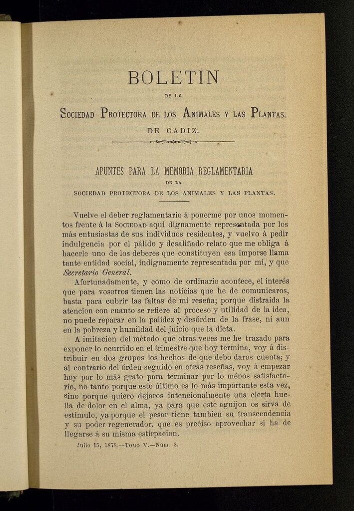 Miniatura de Boletín de la Sociedad Protectora de los Animales y las Plantas de Cádiz del 15 de julio de 1878, nº 2