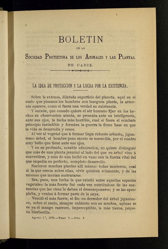 Miniatura de Boletín de la Sociedad Protectora de los Animales y las Plantas de Cádiz del 1 de agosto de 1878, nº 3