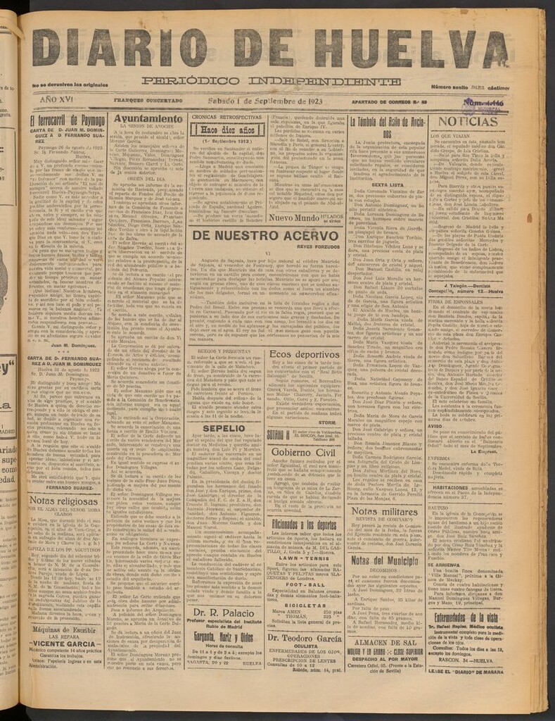 Miniatura de Diario de Huelva : periódico independiente del 1 de septiembre de 1923
