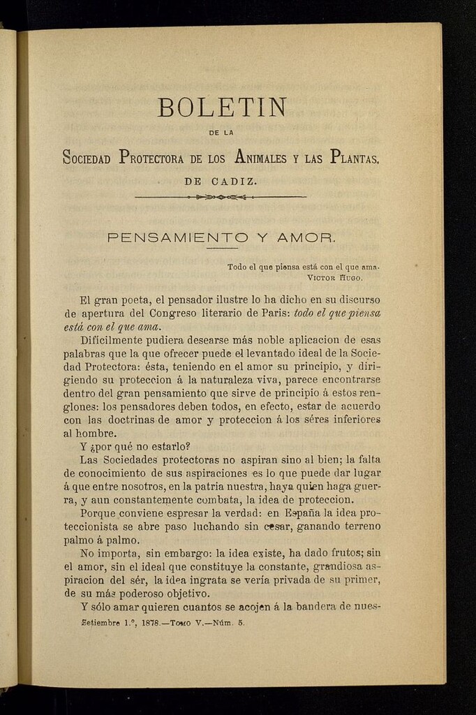 Miniatura de Boletín de la Sociedad Protectora de los Animales y las Plantas de Cádiz del 1 de septiembre de 1878, nº 5