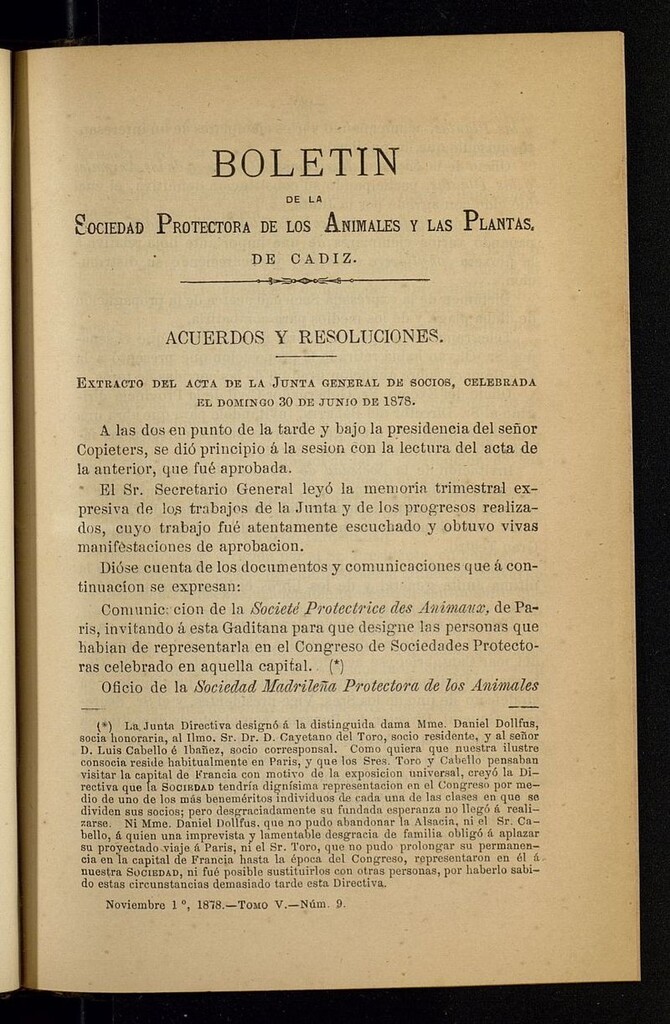 Miniatura de Boletín de la Sociedad Protectora de los Animales y las Plantas de Cádiz del 1 de noviembre de 1878, nº 9