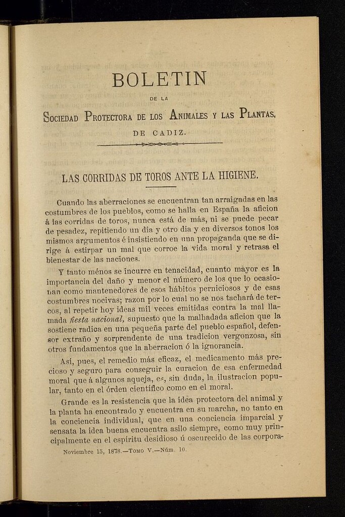 Miniatura de Boletín de la Sociedad Protectora de los Animales y las Plantas de Cádiz del 15 de noviembre de 1878, nº 10