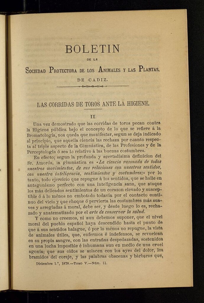 Miniatura de Boletín de la Sociedad Protectora de los Animales y las Plantas de Cádiz del 1 de diciembre de 1878, nº 11