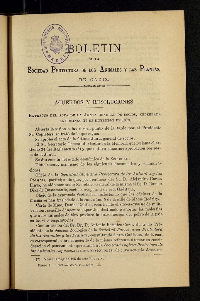 Miniatura de Boletín de la Sociedad Protectora de los Animales y las Plantas de Cádiz del 1 enero de 1879, nº 13
